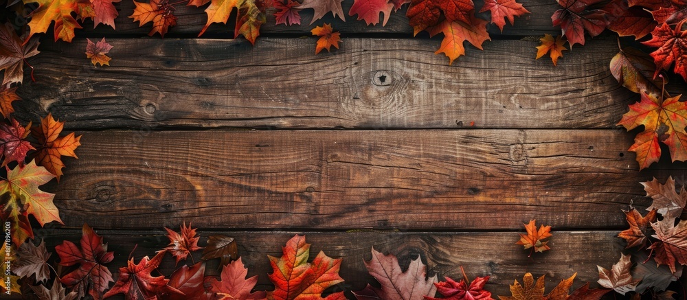 Aufkleber fall foliage framing a wooden background in a captivating copy space image