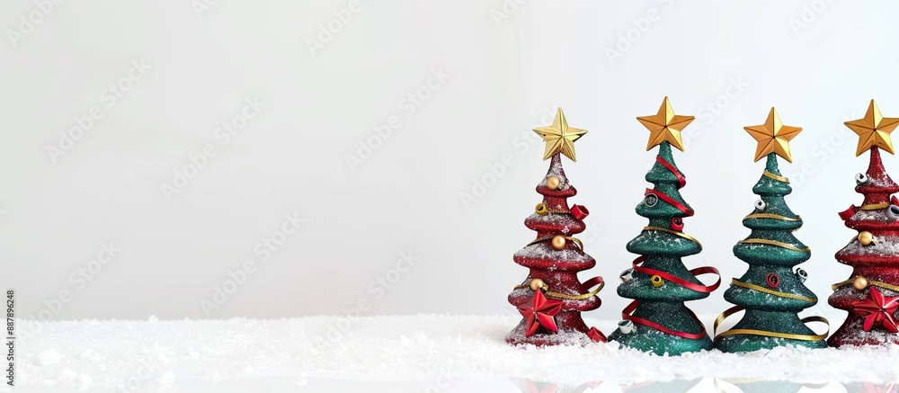 Poster green and red ribbon christmas trees with a gold star set against a white backdrop for copy space im