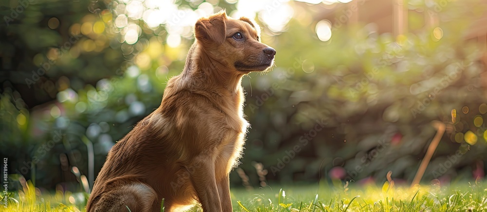 Poster a healthy pet dog is sitting in the house garden gazing at something with a background of nature vis