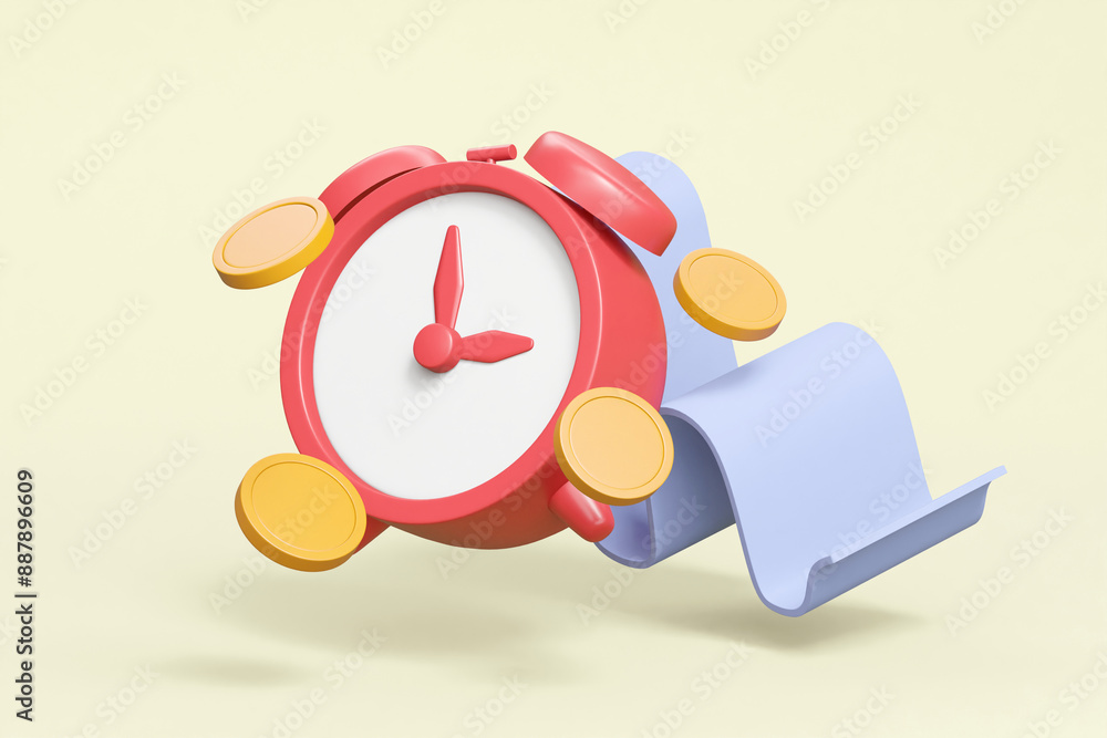 Poster a 3d render featuring floating elements such as an alarm clock, a bill, coins, and an appointment ma
