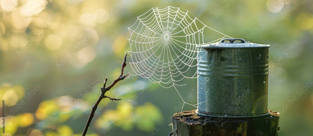 Poster A spider web delicately spans an old tin can perched on a stick creating an intricate design against a backdrop of copy space image