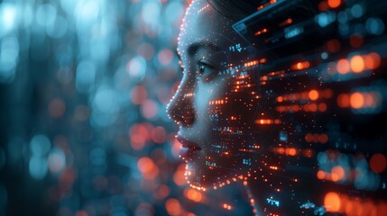 A womans face is superimposed with digital data, highlighting the capabilities of AI algorithms to detect anomalies in experimental data.