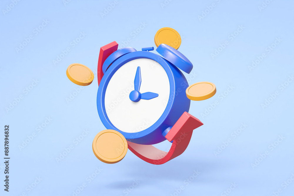 Poster a 3d render featuring floating elements such as an alarm clock, a curved arrow, coins, and symbols r