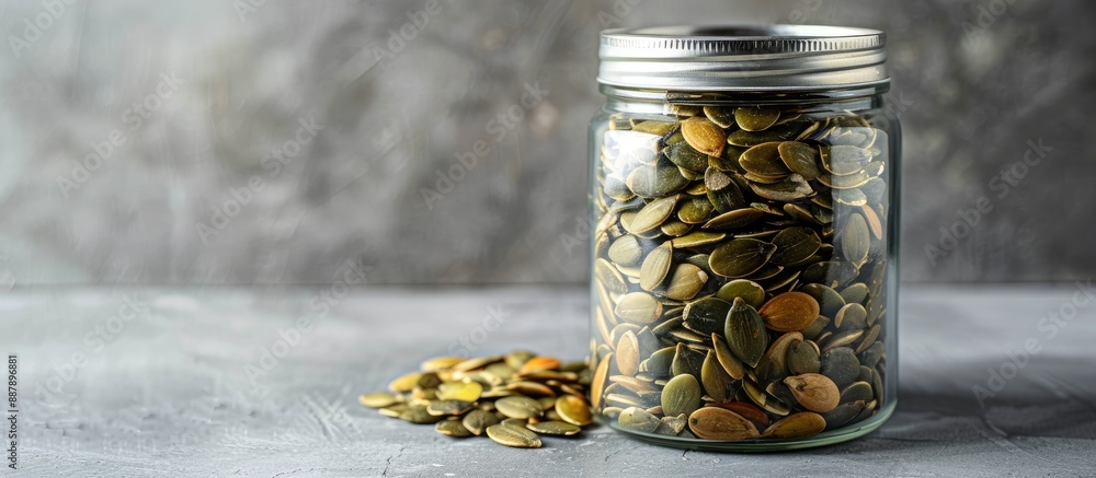 Aufkleber a translucent can filled with pumpkin seeds is shown alone on a gray backdrop offering room for text