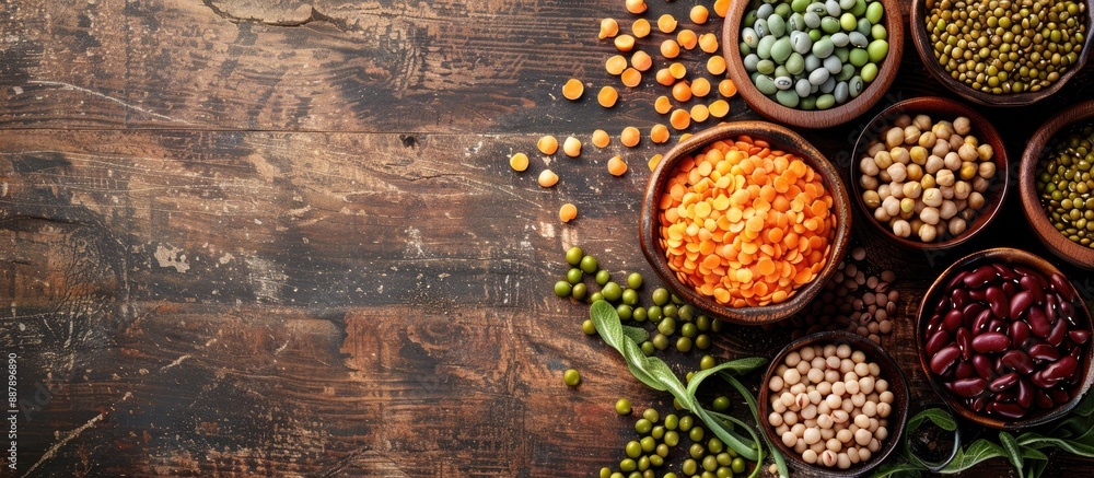 Leinwandbilder Various types of legumes like lentils soybeans chickpeas and red kidney beans arranged on a rustic brown table with adequate space for text in a copy space image