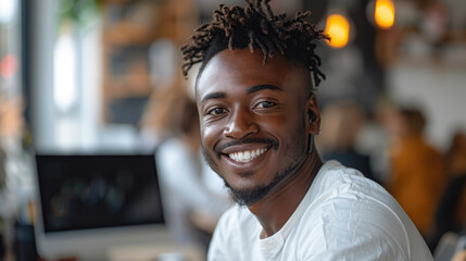young smiling man in an office making a phone call while sitting in front of his computer