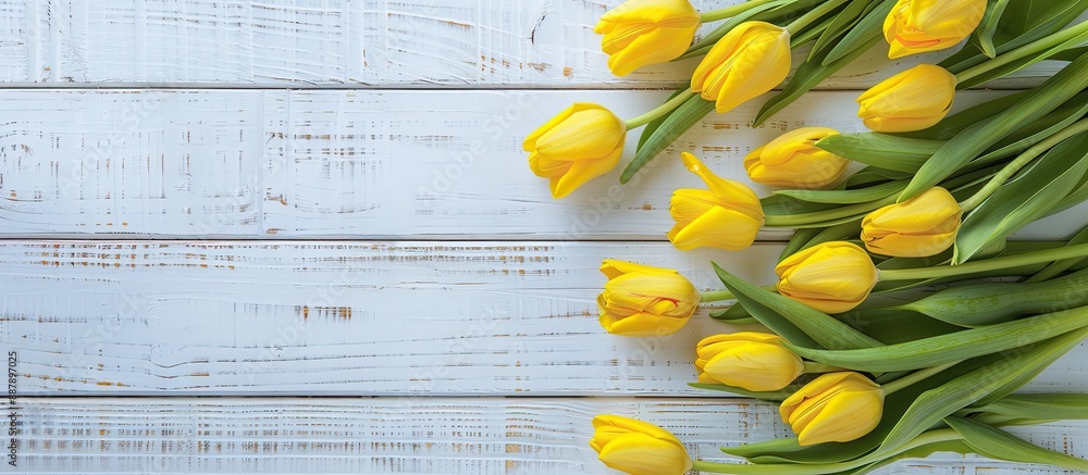 Aufkleber Top view of yellow tulips on a white wooden surface providing ample copy space for text or image highlighted in the composition