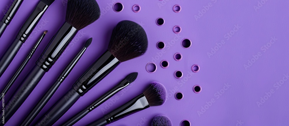 Poster a purple backdrop showcasing a set of professional makeup brushes surrounded by holes with ample cop