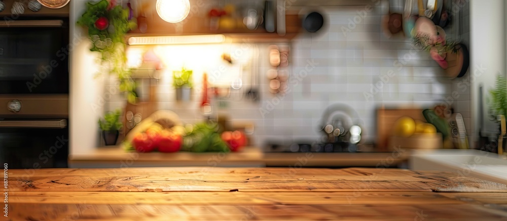 Poster Blurry kitchen background with table top in focus perfect for copy space image
