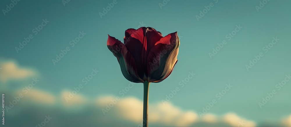 Aufkleber A single deep hued tulip blossoming in a domestic garden set against a background of the sky. with copy space image. Place for adding text or design