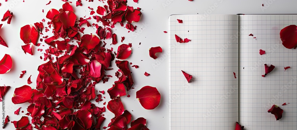 Aufkleber Flat lay view of an open gridded notebook with scattered red rose petals on a white background featuring copy space image on the left for your text