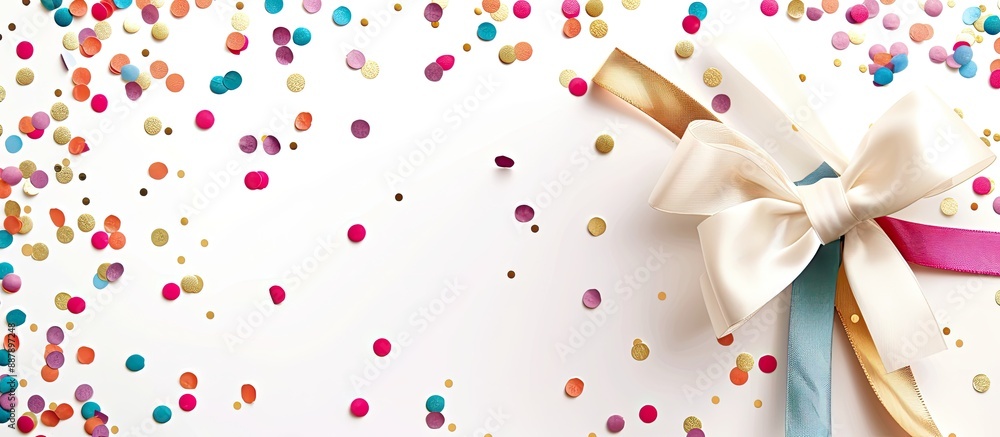 Poster A white card with a bow confetti and room for a photo. with copy space image. Place for adding text or design