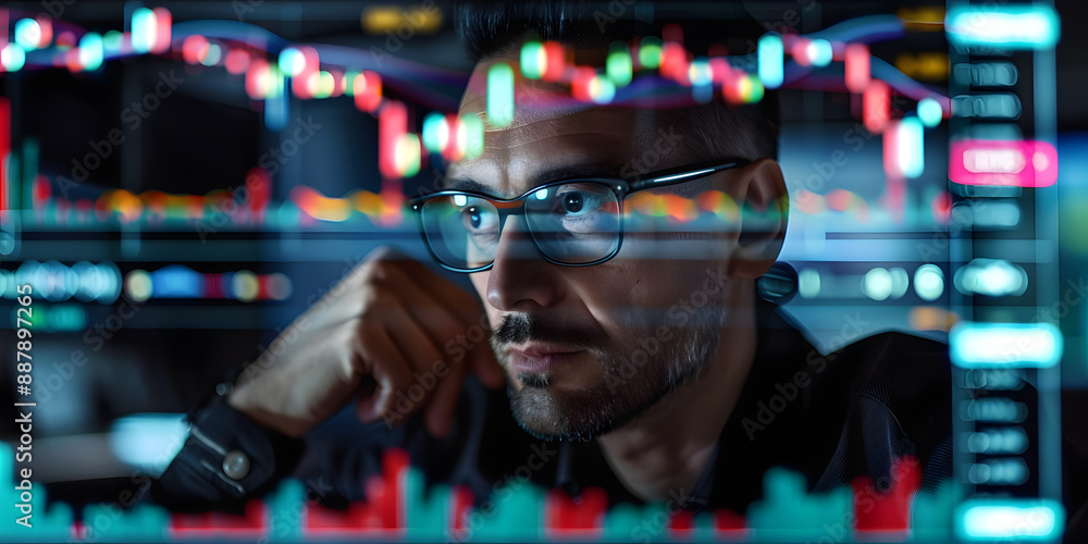 Poster trader using crypto exchange platform to analyze stock market data online. concept cryptocurrency tr