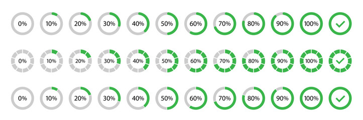 Circle percentage diagrams for infographics, 0, 10, 20, 30, 40, 50, 60, 70, 80, 90, 100 percent. Circle loading and circle progress collection.
