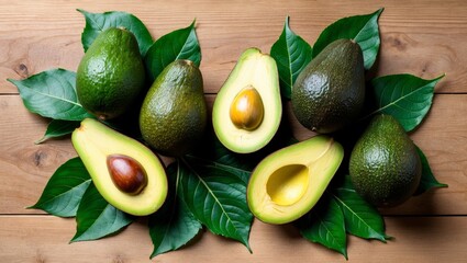 Freshly Harvested Avocado with Green Leaves
