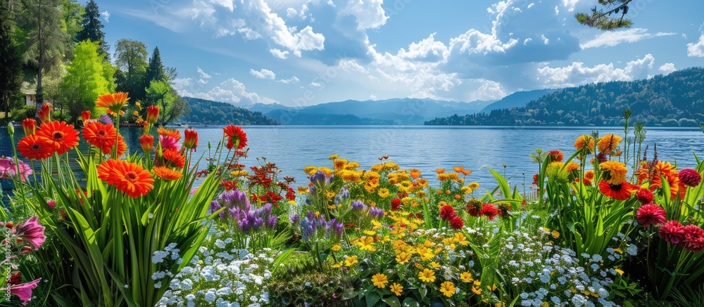 Poster Vibrant flowers add color to a cheerful summer and spring setting with a beautiful view for a copy space image