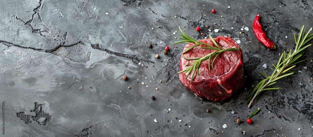 Fototapete Beef fillet prepared for sous vide showcased on a gray stone backdrop with room for text alongside the image. with copy space image. Place for adding text or design