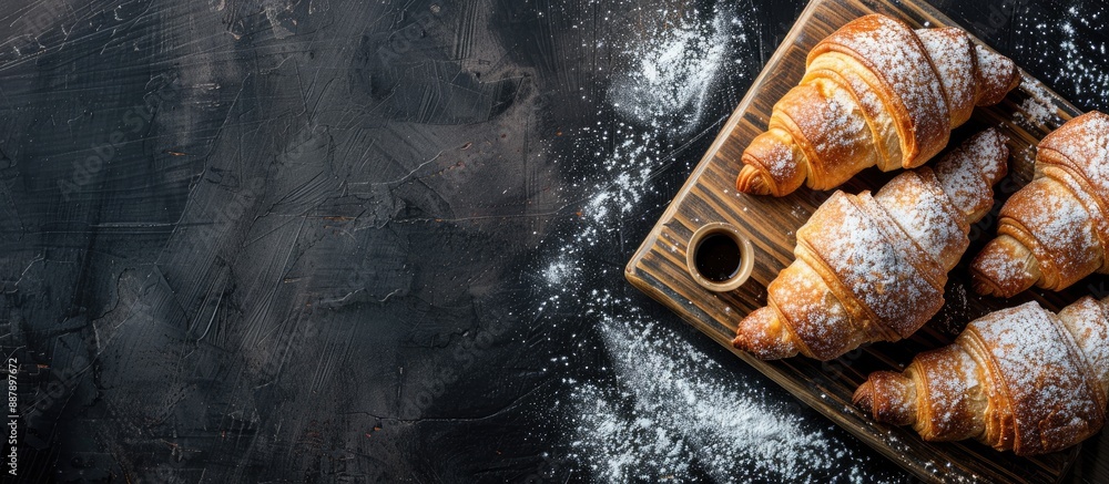 Poster Top view of fresh homemade croissants on a wooden cutting board with powdered sugar against a rustic dark background offering copy space image