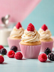 Berry chantilly cupcakes, made with tender vanilla bean cupcakes topped with almond-flavored frosting and piled with fresh berries