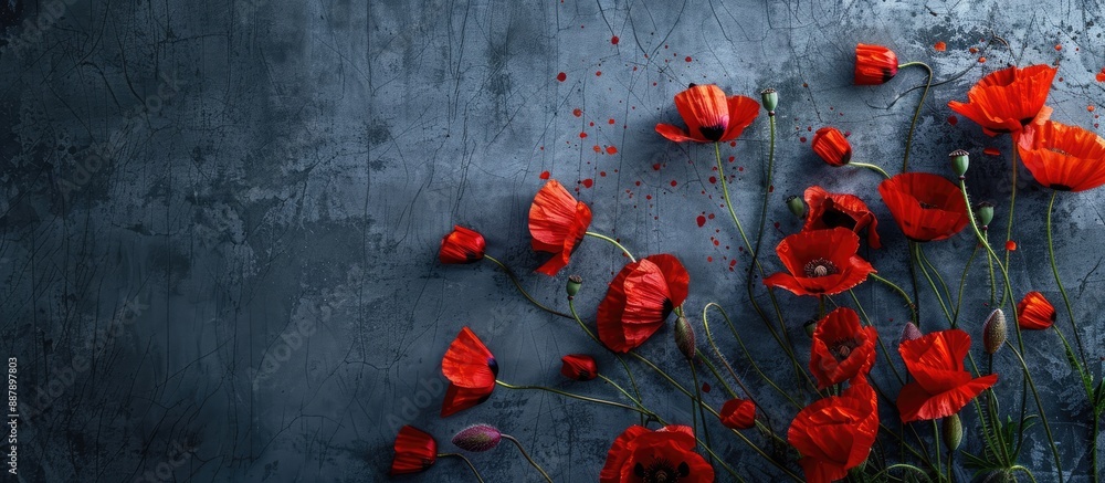 Aufkleber Bird s eye view of vibrant red poppy blossoms against a dark metallic backdrop with space for text in an edited photo. with copy space image. Place for adding text or design