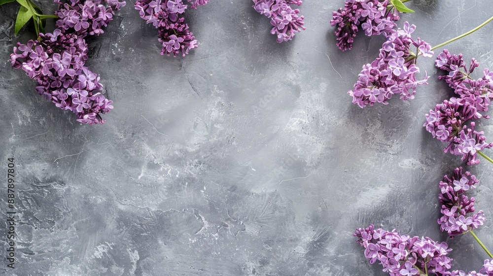 Poster soft lilac atop gray surface with empty space top down view