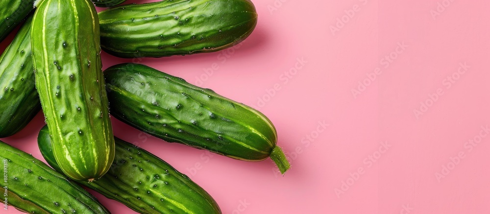 Aufkleber flat lay of fresh ripe cucumbers on a pink background with ample space for text alongside the copy s