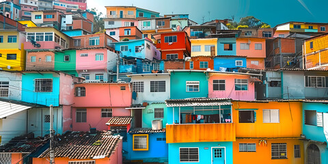 Brazilian favela cityscape with colorful buildings perfect for graphic art projects. Concept Brazilian Favela Cityscape, Colorful Buildings, Graphic Art Projects,