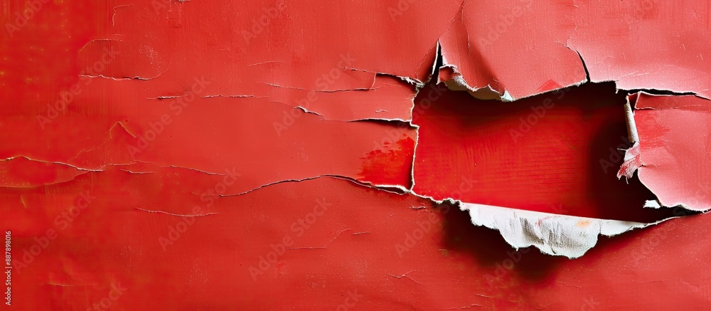 Poster Damaged paper with a torn hole featuring a red backdrop in a badly exposed copy space image