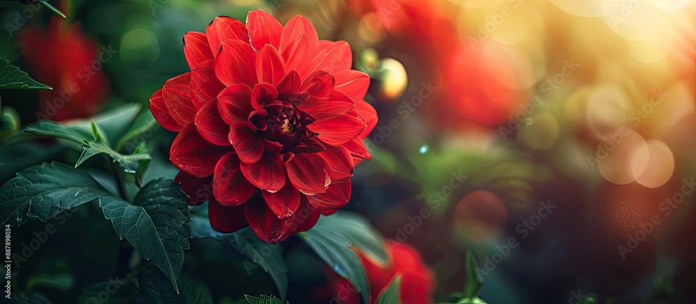 Poster a vibrant red flower blooming in a lush garden showcasing its beauty with a blank space for text or 