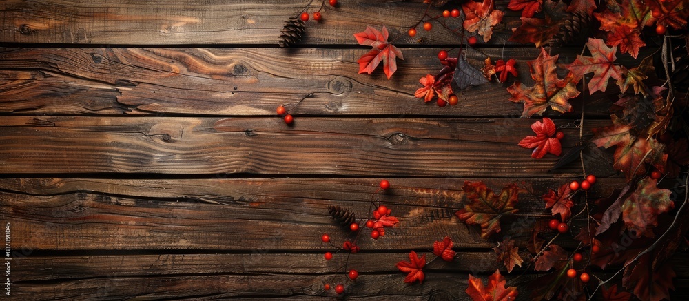 Poster a rustic wooden backdrop adorned with autumn leaves offers a stylish setting for a copy space image