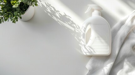 White detergent bottle and towel on white table flat lay background