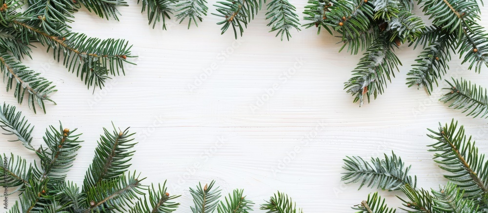 Poster Minimal Christmas composition featuring a frame constructed from fir tree branches arranged on a white wooden surface This image embodies the essence of Christmas winter and the new year with a flat