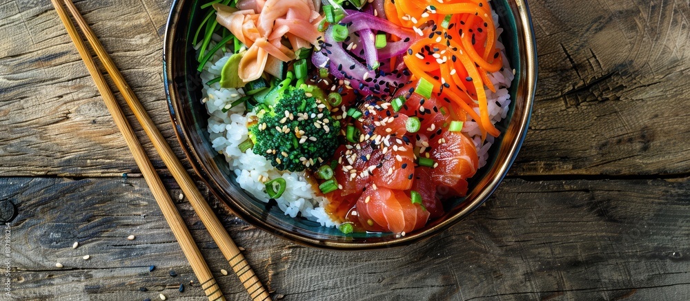 Leinwandbilder a poke bowl displayed from above on a wooden surface featuring chopsticks beside it this dish combin