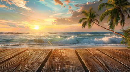 Relaxation at Tropical Beach. Wooden Table with Sunset Beach View, Palm Trees, and Waves
