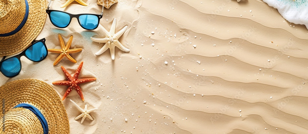 Poster top view of beach accessories arranged on sand with available copy space image