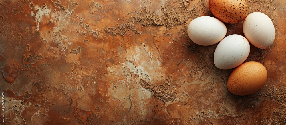 Poster eggs from chickens are placed on a textured brown surface with empty space for additional elements i