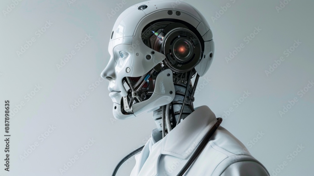 Poster a robot with a white lab coat and a stethoscope on its chest