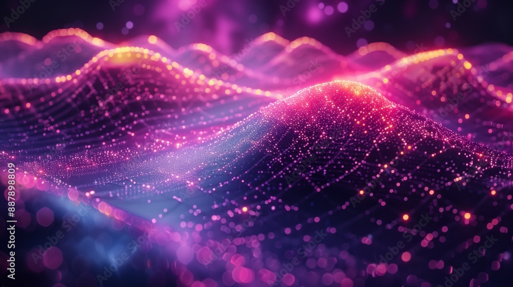 Poster a vibrant, abstract image depicting a colorful, dynamic data visualization, featuring glowing partic