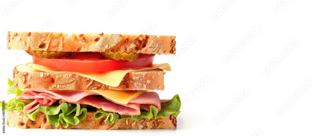 Poster Sandwich featuring tomato cheese and ham with a blank space for text or image available. with copy space image. Place for adding text or design