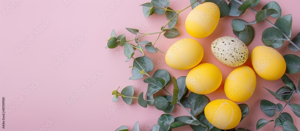 Poster easter theme featuring yellow eggs eucalyptus branch on a pastel pink backdrop perfect for a flat la