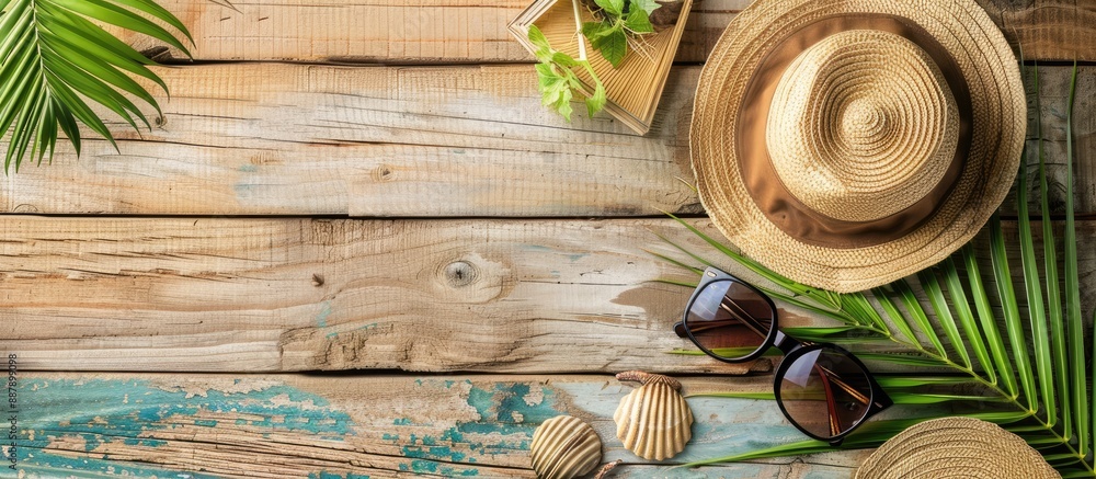 Poster summer accessories displayed on a wooden surface evoking the essence of the summer season with a ref