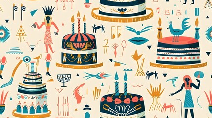 Fototapeta premium Whimsical Ancient Egyptian Hieroglyphic Birthday Cake Topper A Richly Decorated Pastry Creation for Festive