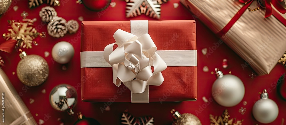 Poster close up top view of christmas presents displaying a beautifully decorated gift box with a white rib