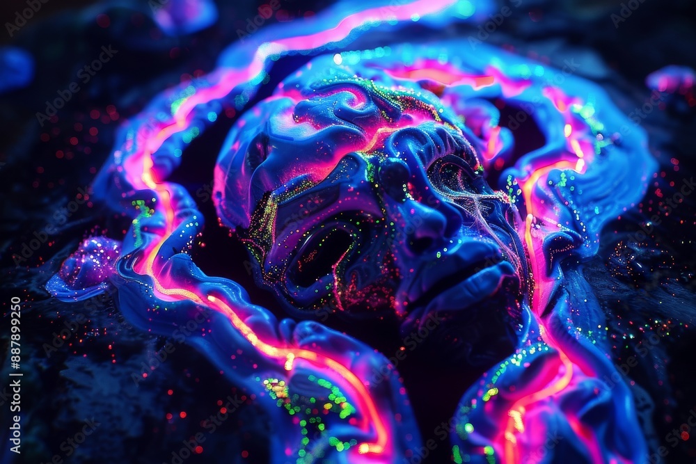Poster neon brain illustration with vibrant colors and fluid lines, creating a dynamic and energetic visual