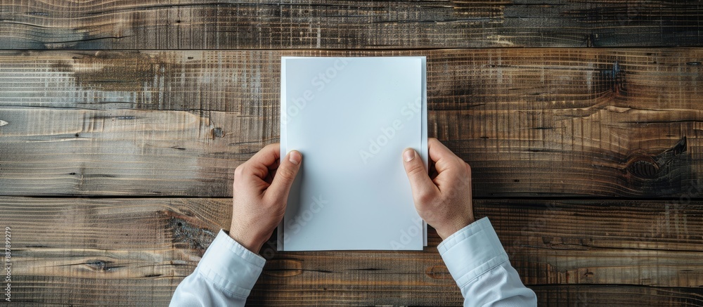 Poster Man displaying empty brochures on wooden table seen from above with a placeholder for custom content copy space image