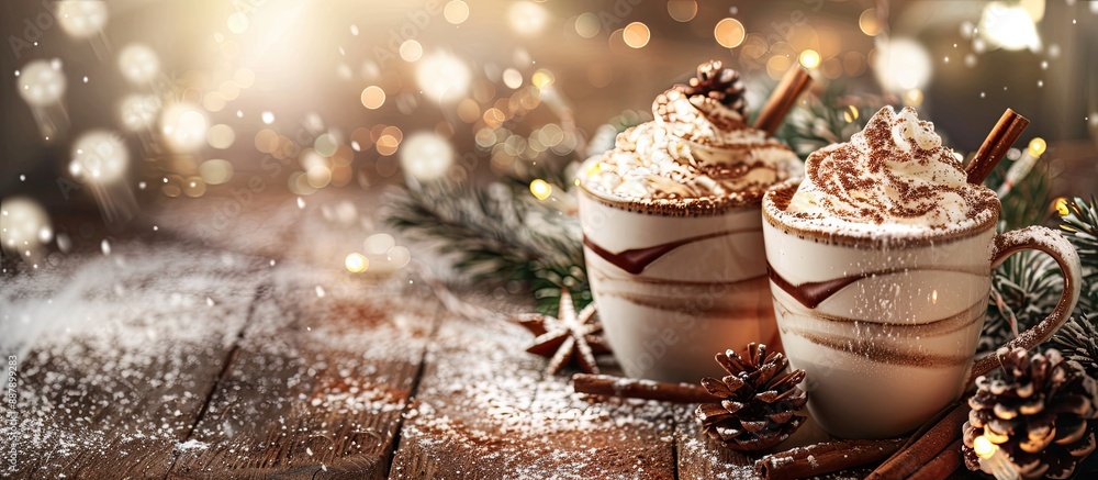 Poster background for christmas with cups of hot chocolate in a copy space image