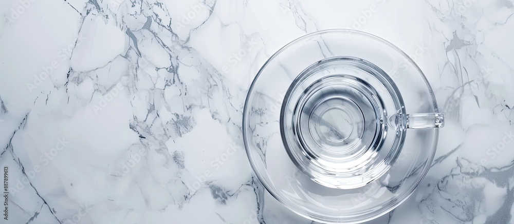 Poster top view of a transparent glass mug with saucer on a marble surface perfect for showcasing with avai