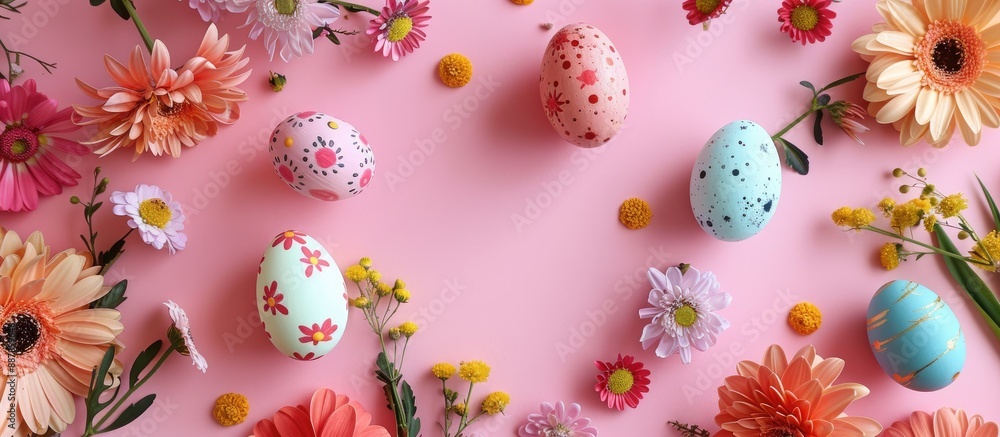 Aufkleber Easter holiday card idea with vibrant eggs and flowers on a soft pink background View from above with room for text or images. with copy space image. Place for adding text or design