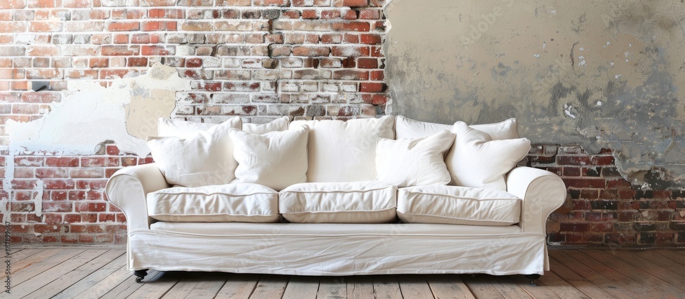 Poster A comfy white sofa with cushions set against a rustic brick wall creating a snug ambiance with ample copy space image