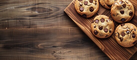 Cookies resting on a wooden board with ample copy space image